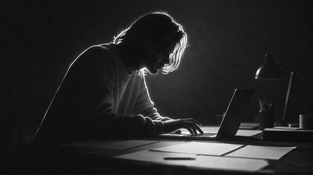 Solo founder mid-lean over a desk of blank printouts, fingers hovering above a laptop keyboard, profile framing in a spare home studio