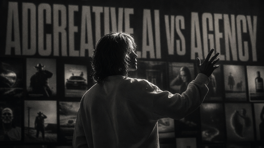 Creative director mid-pivot before a wall of unbranded ad mockups, arm raised in a decisive gesture, three-quarter shot from behind