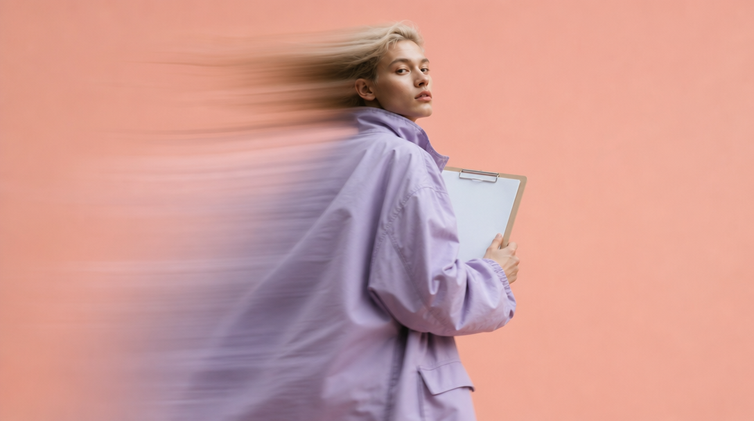 A person mid-step across a peach studio backdrop, holding a blank clipboard at chest height, glancing back over their shoulder, wearing an oversized