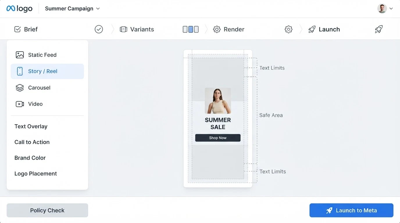 A clean ad creative workflow dashboard with four column headers: 'Brief', 'Variants', 'Render', 'Launch'. Center panel shows a vertical 9:16 ad