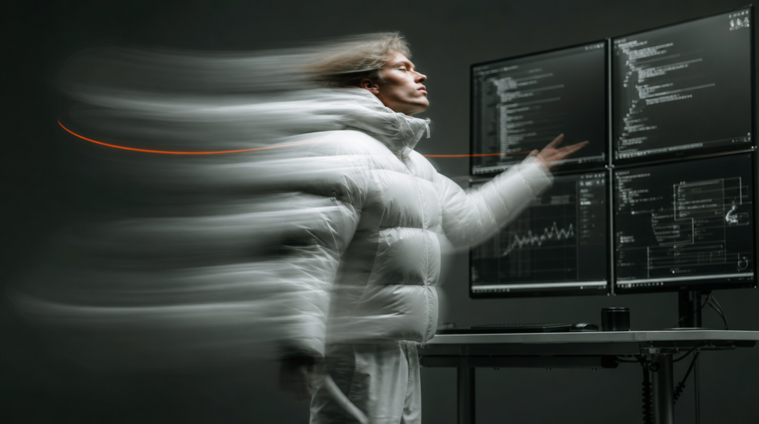 A person mid-spin at a standing desk, gesturing toward a multi-panel monitor arrangement in a dark studio, their outline trailing in motion