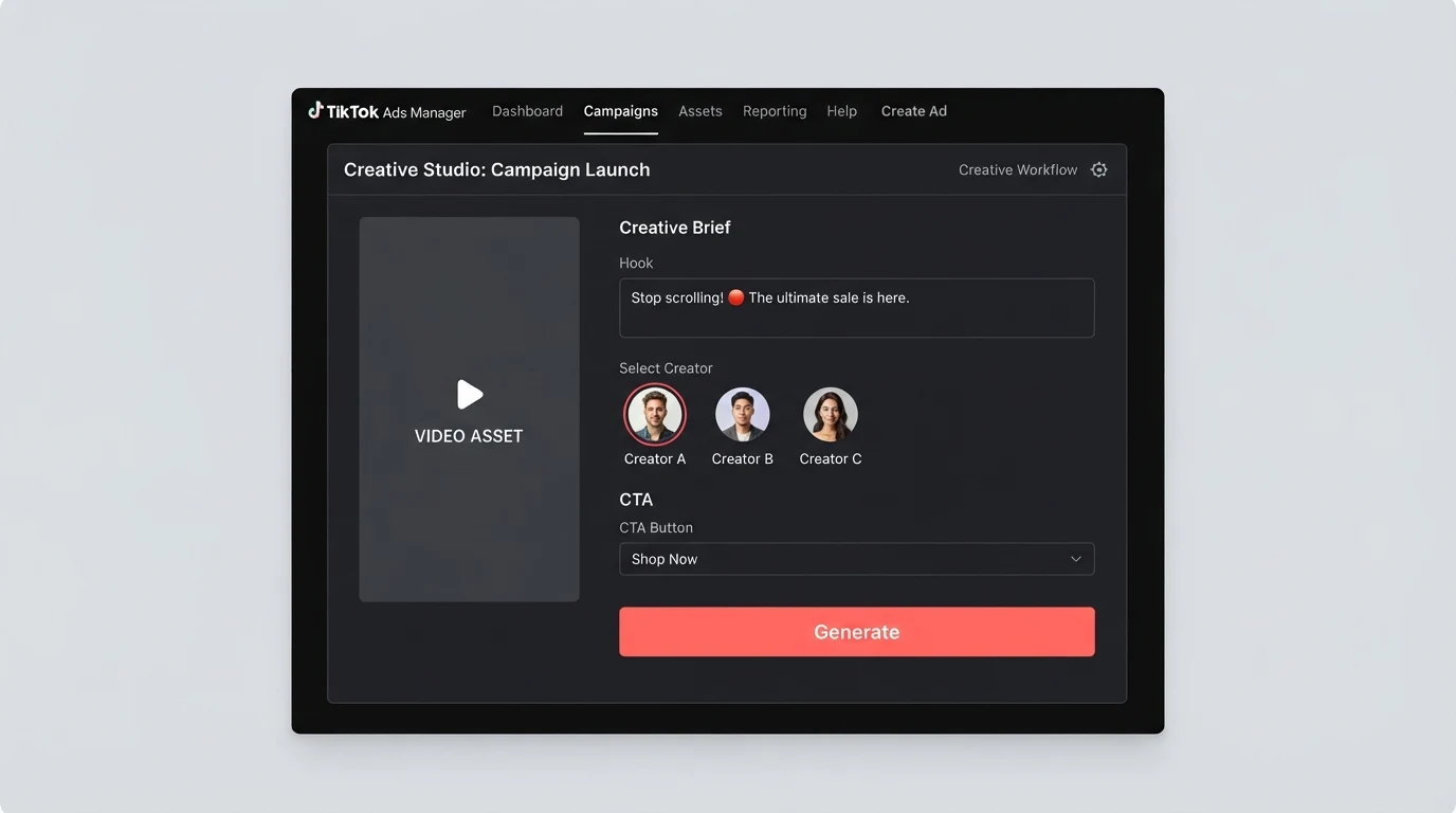 A TikTok Ads Manager interface showing a creative workflow panel: a 9:16 video thumbnail placeholder on the left, a script text box labeled 'Hook', a