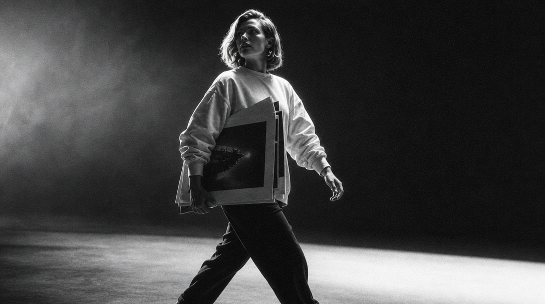 A person mid-step across a bright open studio, carrying a stack of unbranded printed ad layouts under one arm, glancing back over shoulder, wide