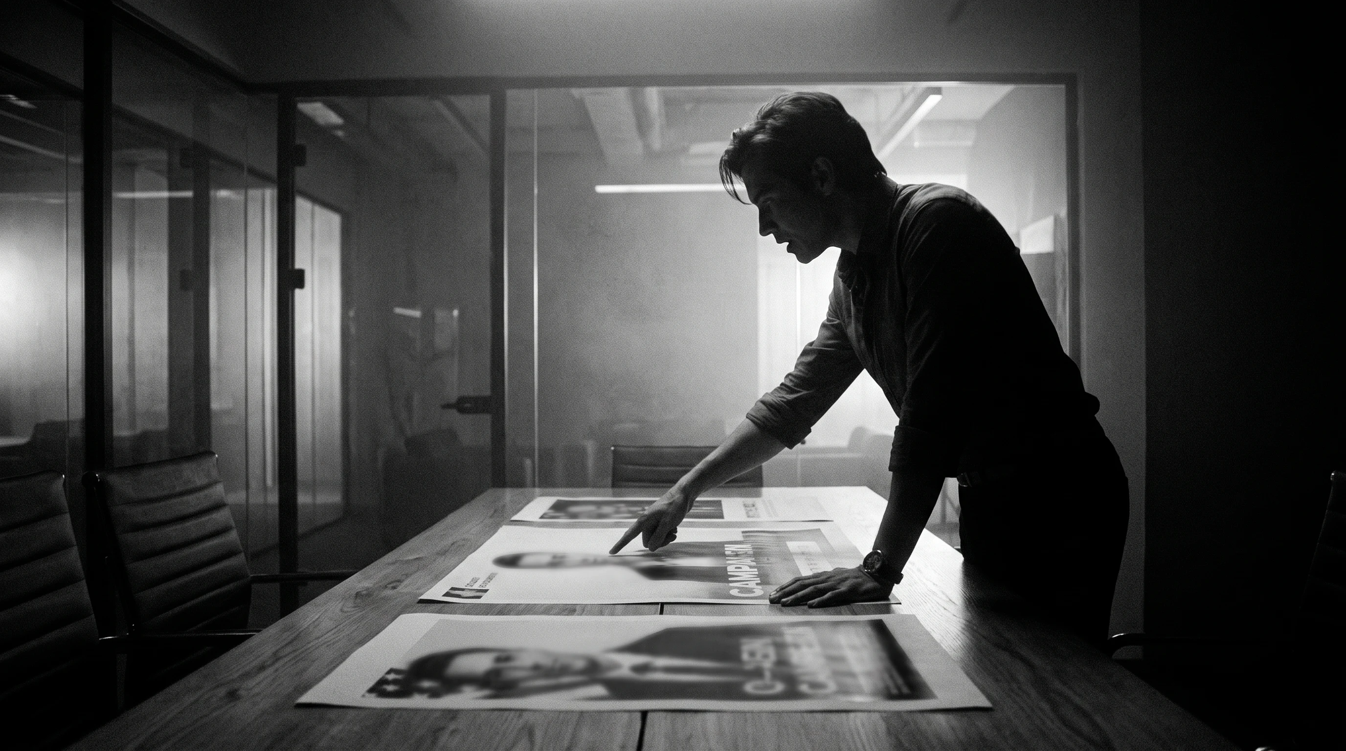A person mid-gesture in profile, standing at a glass-walled meeting room, pointing at printed campaign sheets laid flat on a long table