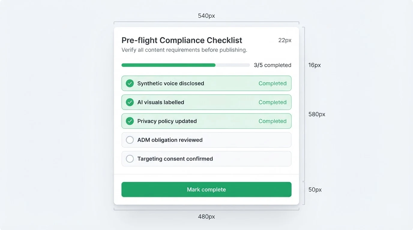 A pre-flight compliance checklist panel with labelled rows: 'Synthetic voice disclosed', 'AI visuals labelled', 'Privacy policy updated', 'ADM