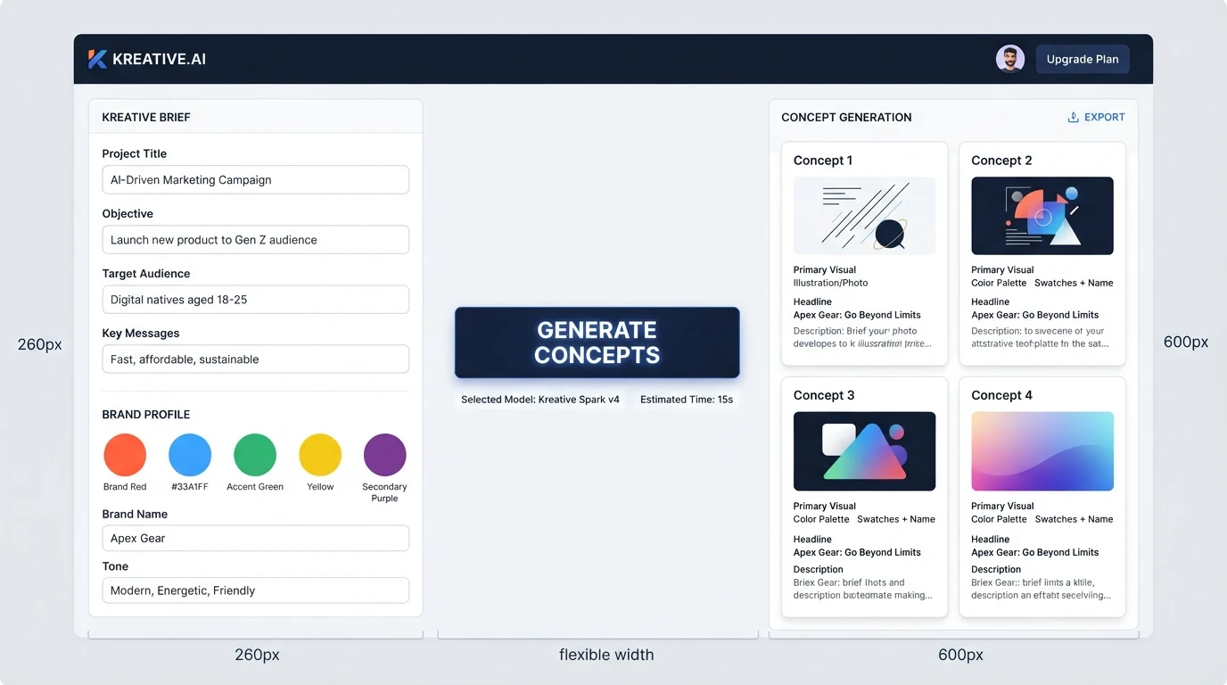 A creative brief intake and concept generation dashboard: left panel has a 'Brief' text field and 'Brand Profile' colour-swatch row; centre shows a