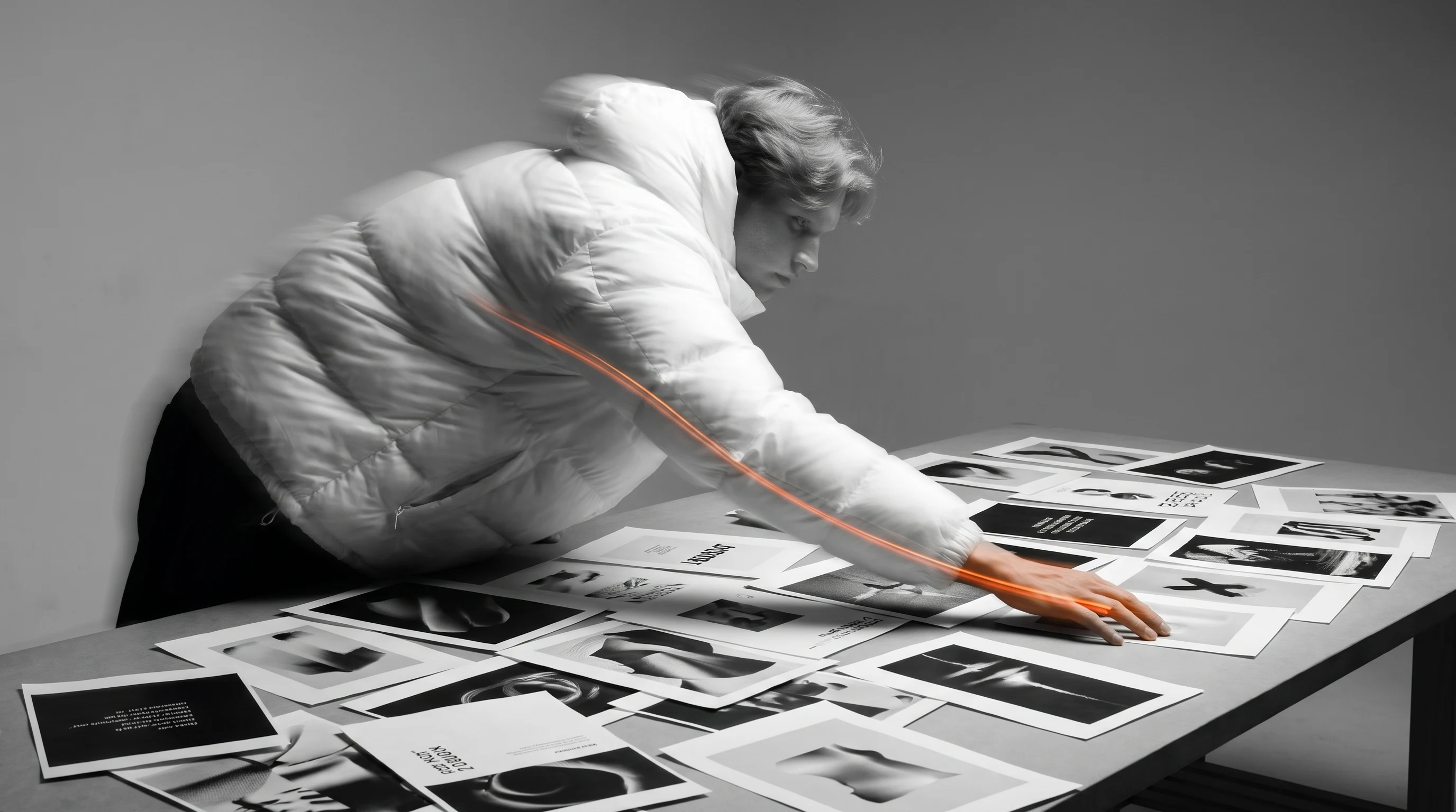 A person mid-lean over a long studio table scattered with unbranded printed reference sheets, arm reaching across the spread, shot from slightly