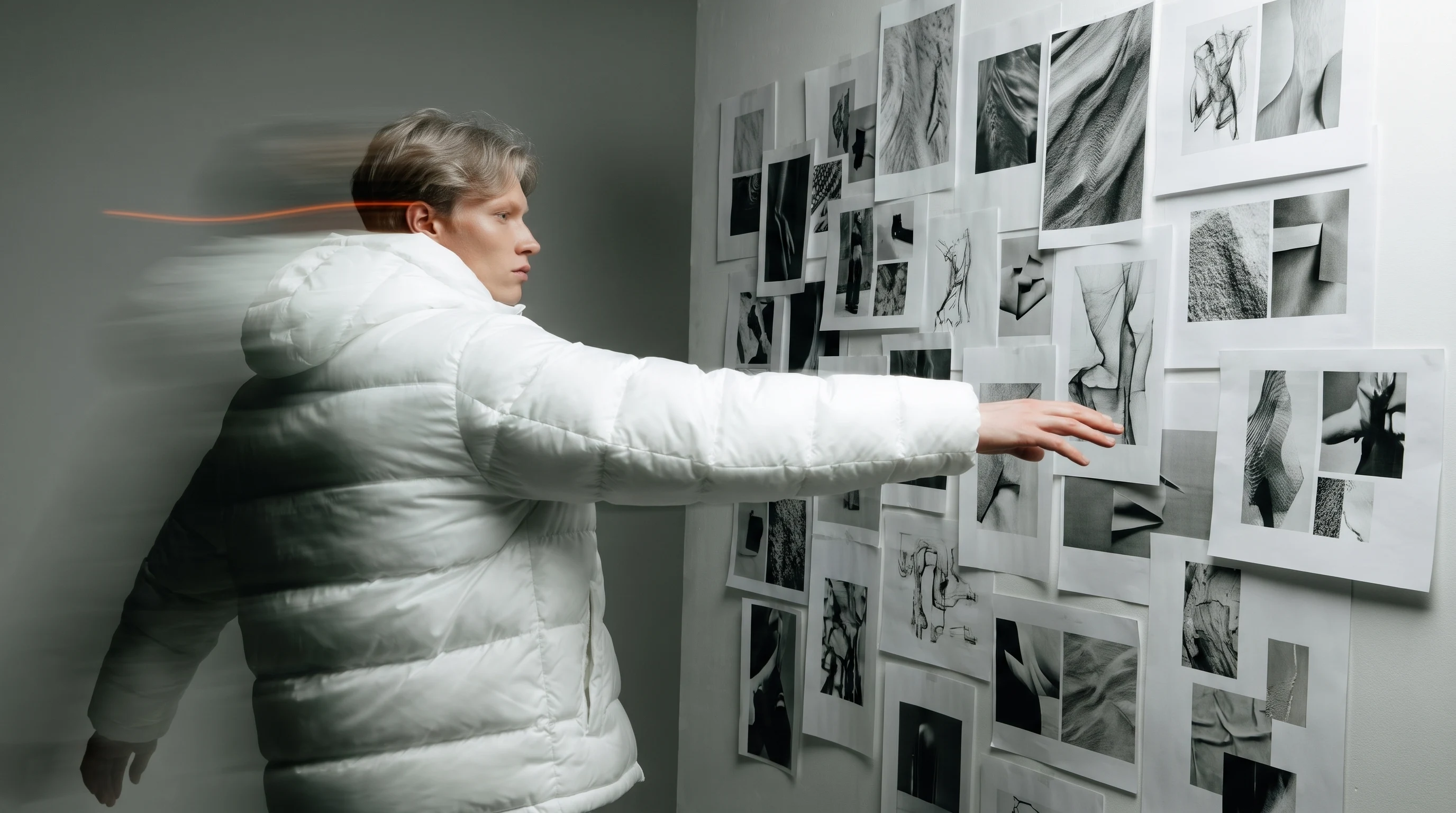 A person mid-turn in a studio, one arm extended toward a wall of unbranded mood-board printouts, caught between two directions, three-quarter framing