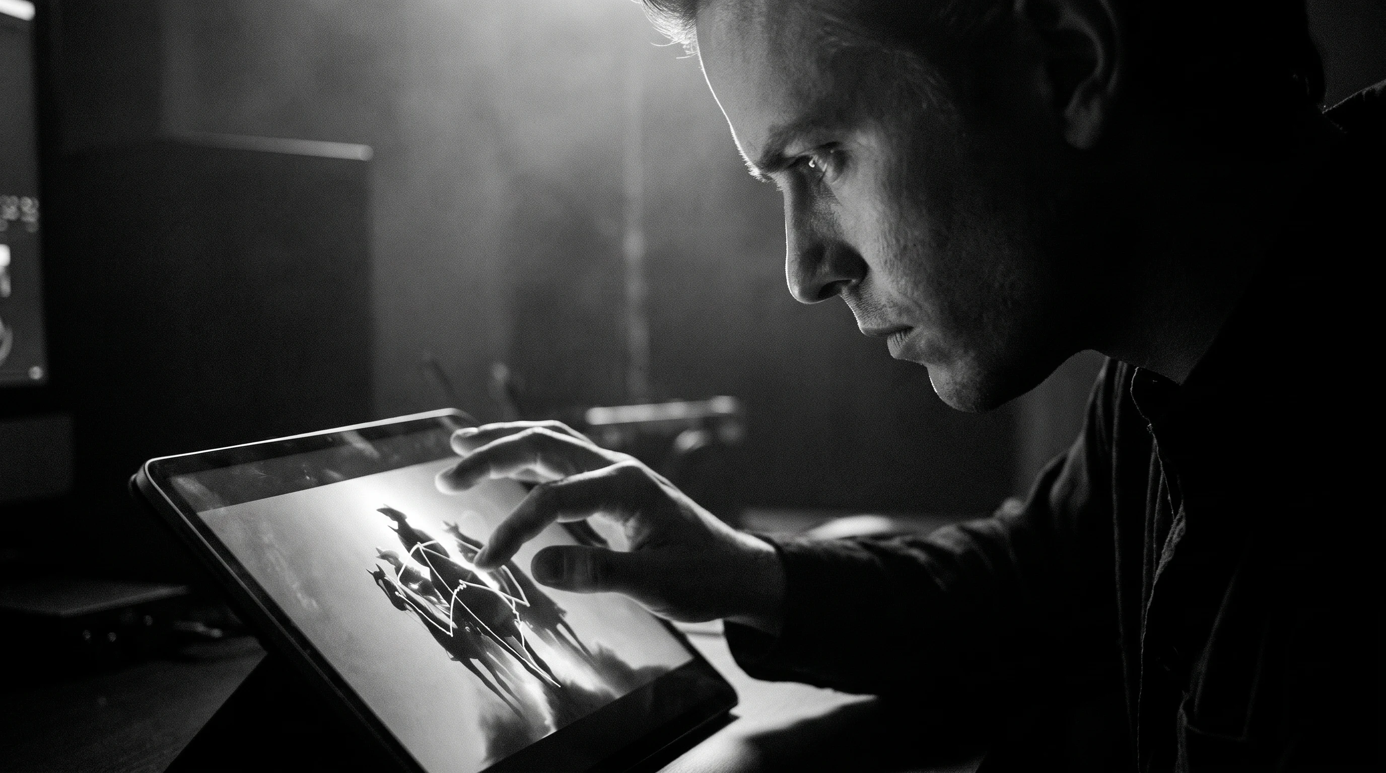 Person mid-lean over a glowing tablet in a darkened edit suite, one hand tracing a motion path across the screen, close profile framing