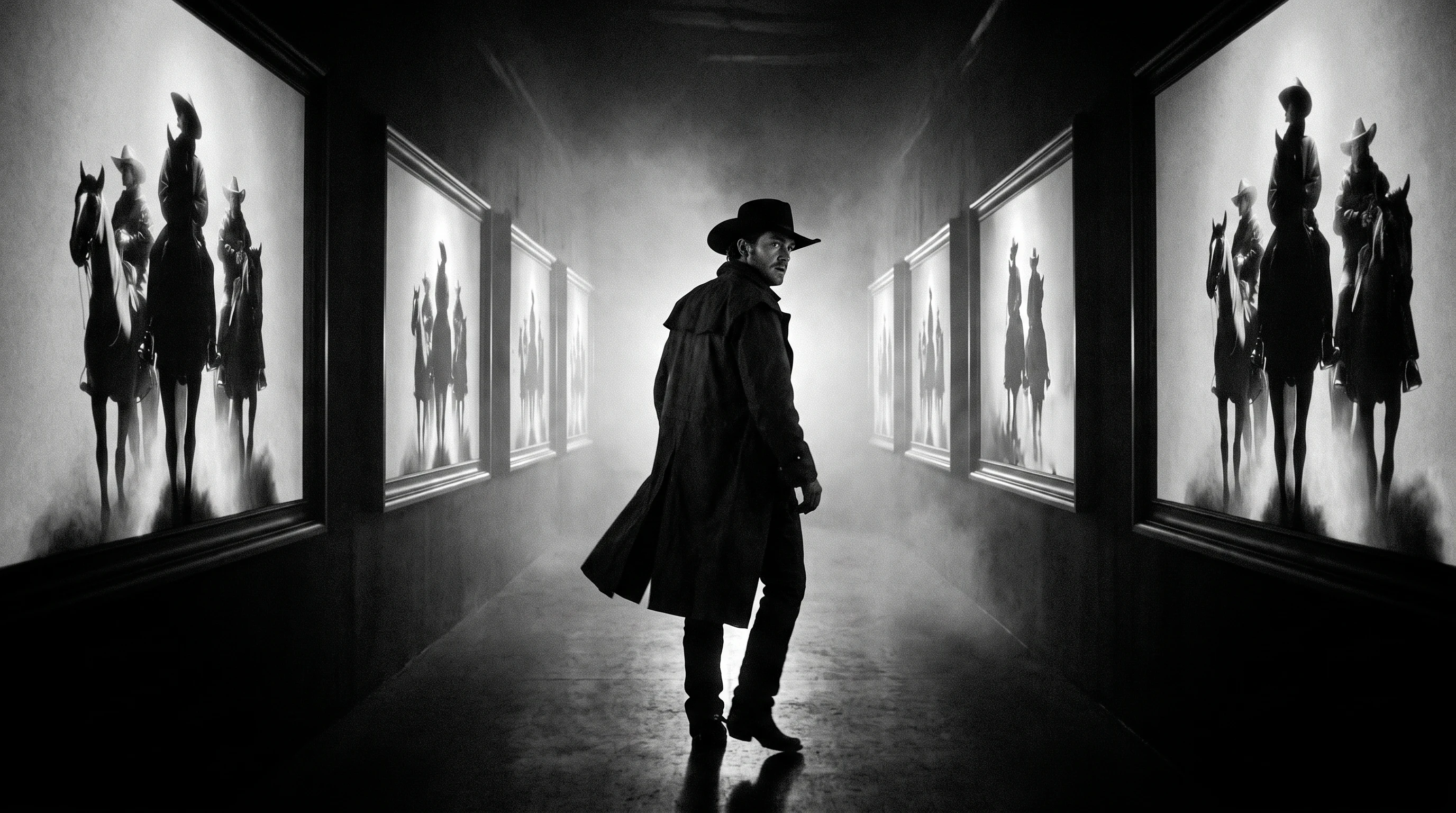 Person mid-step through a corridor lined with large printed animatic frames, turning back over one shoulder, full-length shot from behind
