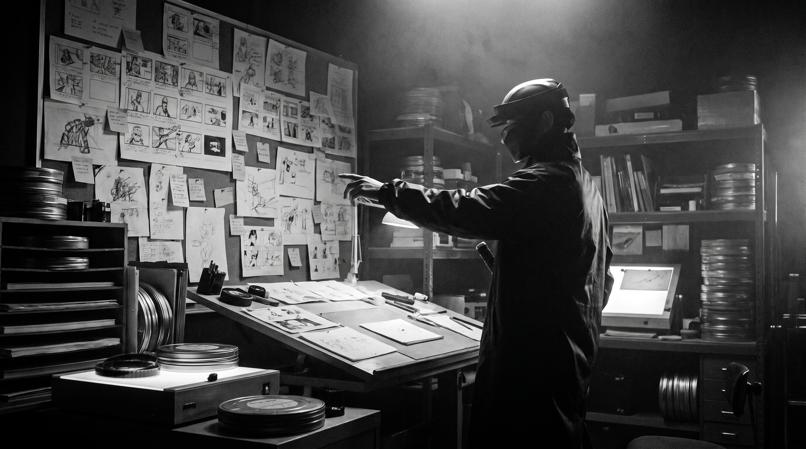 Person mid-gesture at a wide animation desk, arm extended toward a pinned storyboard wall, three-quarter profile, cluttered studio space