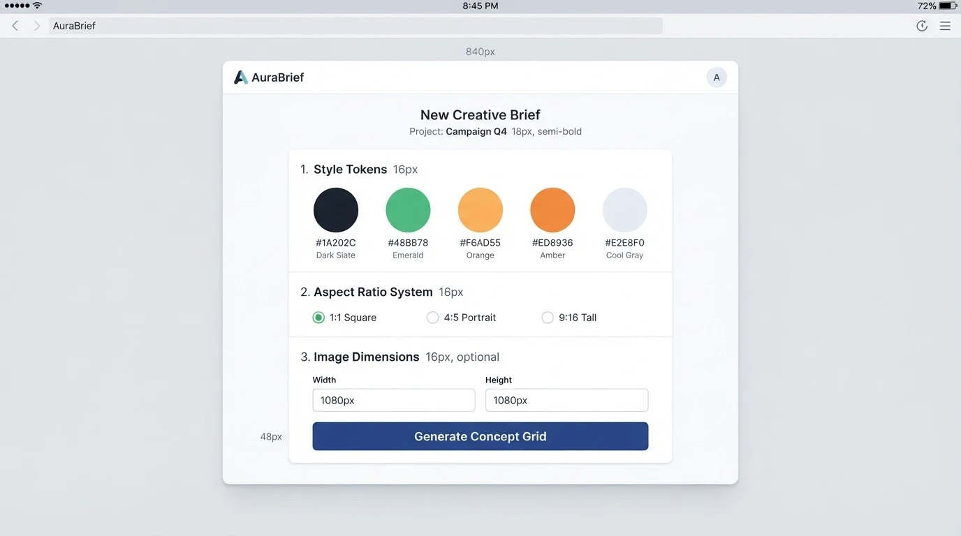 A simple art-direction brief template interface with three labeled sections: 'Style Tokens' (a palette swatch row), 'Aspect Ratio System' (three