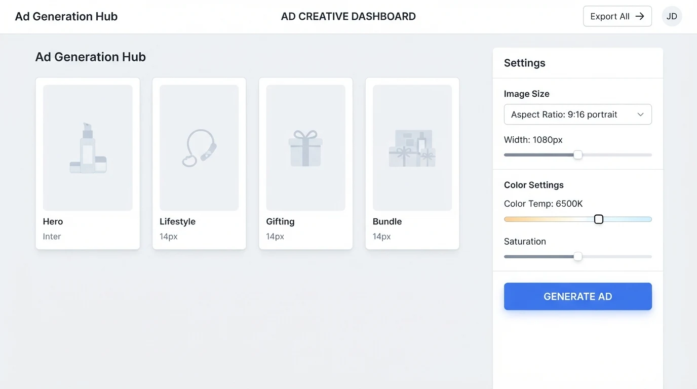 A minimal ad creative dashboard: a 4-image portrait-format grid labelled Hero, Lifestyle, Gifting, Bundle; a right sidebar with Aspect Ratio and