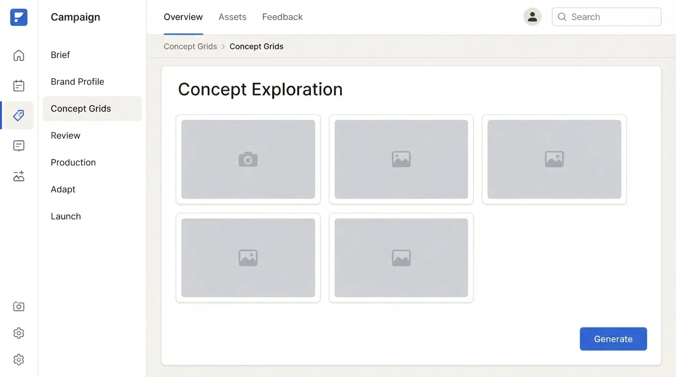 A campaign workflow dashboard with a left sidebar listing steps: Brief, Brand Profile, Concept Grids, Review, Production, Adapt, Launch. Centre panel