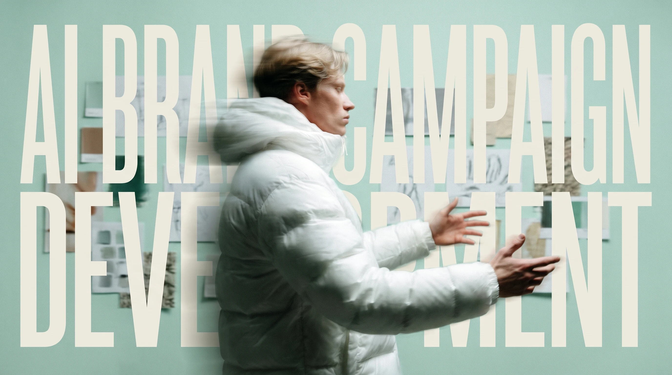 a person mid-turn in front of an unbranded moodboard wall, arms gesturing outward as if presenting a campaign concept, shot three-quarter in a mint