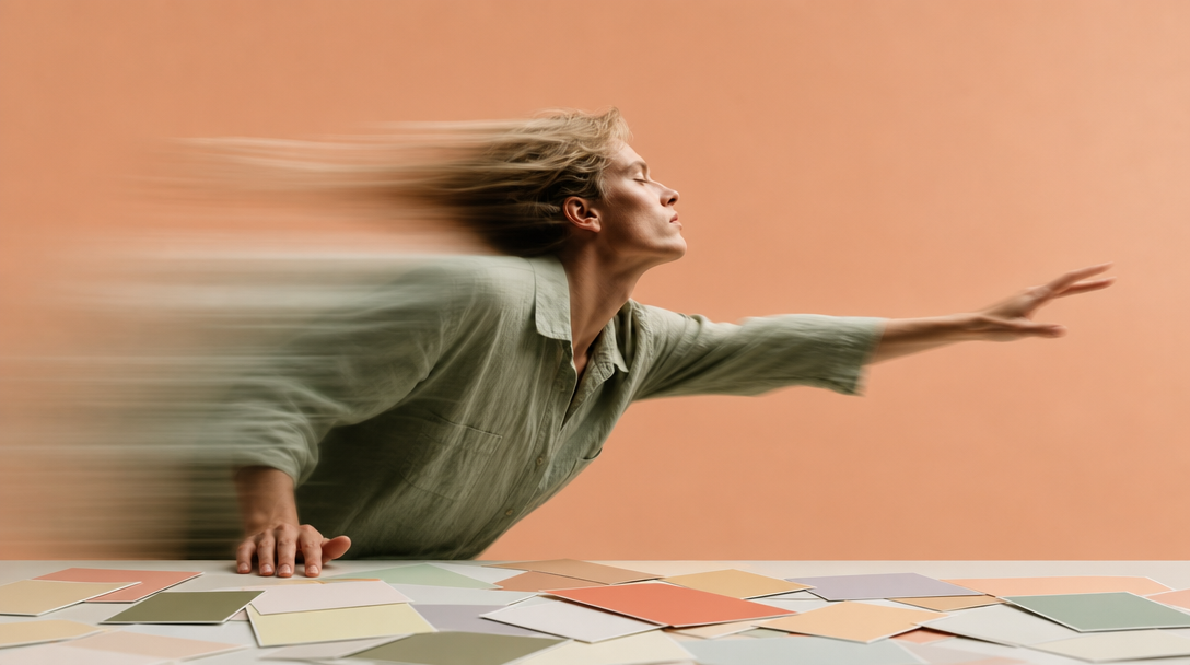 A person mid-reach in a peach-backdrop studio, leaning forward from behind a wide desk scattered with unbranded colour-swatch cards, profile framing,