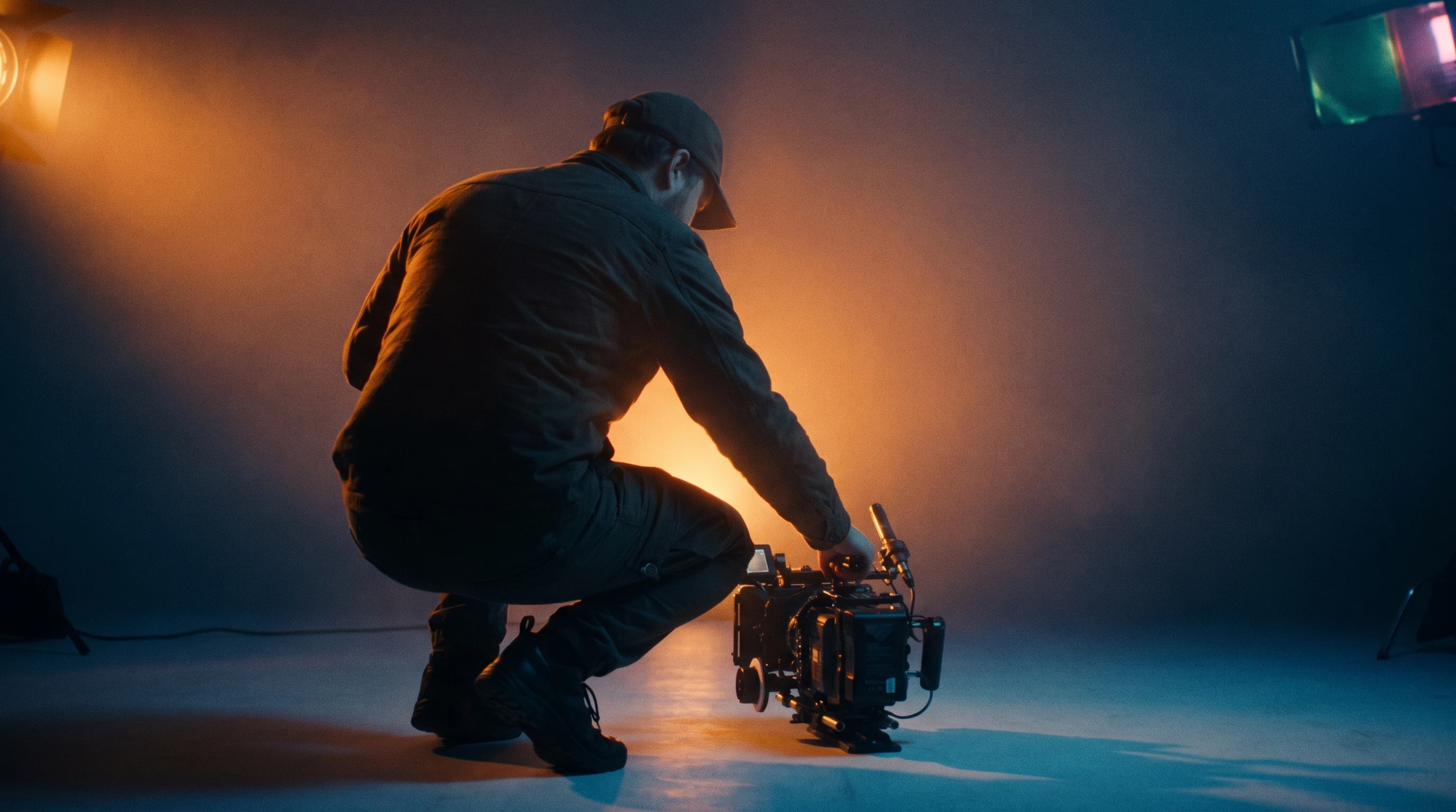 a person mid-reach adjusting a camera rig low to the ground, framed from behind, warm practitioner-grade light spilling across a minimal set with