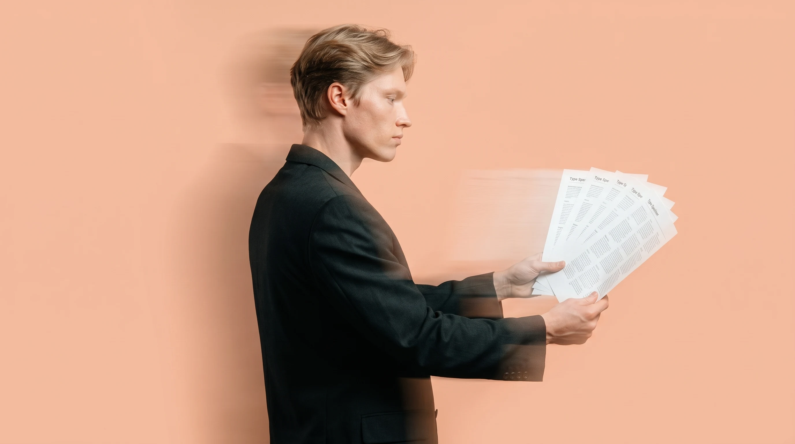 A person mid-turn in a peach studio, holding unbranded type specimen sheets fanning outward, profile framing, dark structured blazer