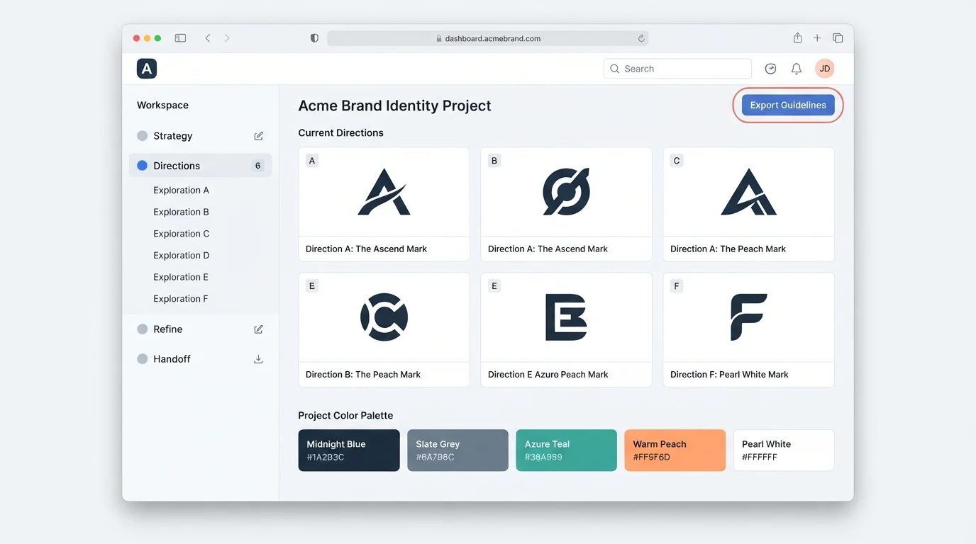 A brand identity workflow dashboard showing a logo direction grid of six unbranded mark thumbnails, a sidebar with labelled panels: 'Strategy',