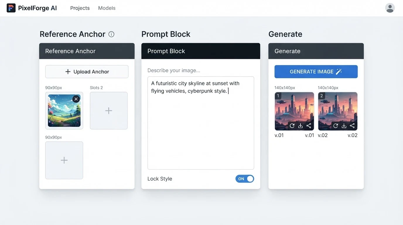 A split-panel image editor interface showing a left panel labelled 'Reference Anchor' with three thumbnail slots and an 'Upload' button, a centre