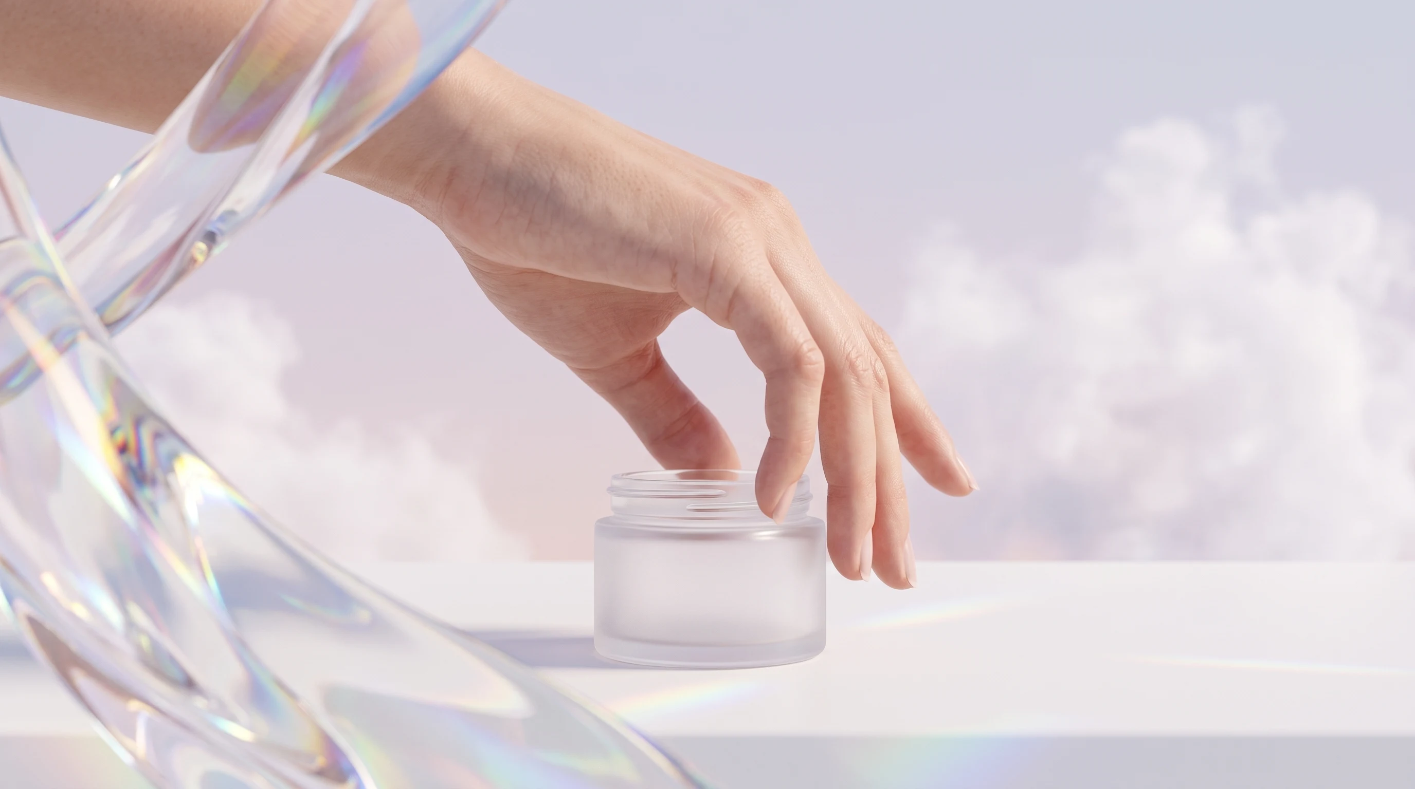 A woman from behind and slightly to the side, mid-reach toward a clean white surface, fingertips grazing a small unbranded frosted jar, close-cropped