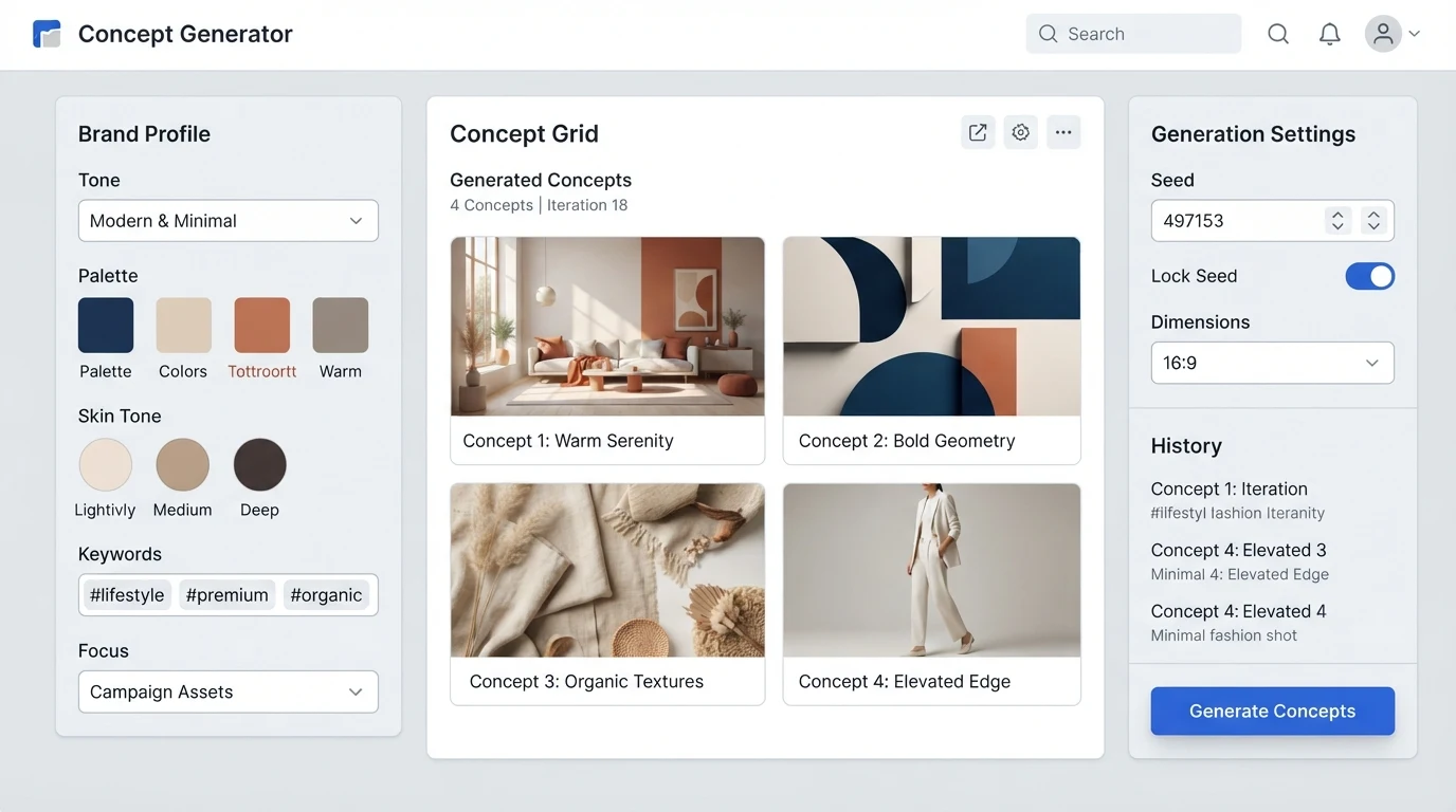 A concept-generation dashboard showing a left panel labelled 'Brand Profile' with fields for Tone, Palette, and Skin Tone, a centre grid of four