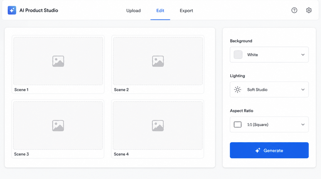 A minimal AI photography tool dashboard: left panel shows a grid of four blank product image placeholders labelled 'Scene 1' through 'Scene 4';