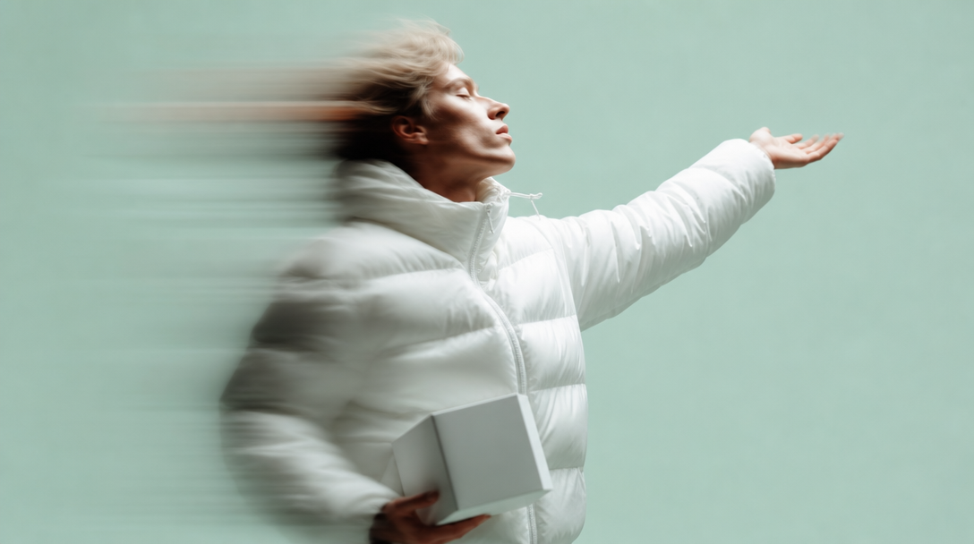 a person mid-turn in a soft mint studio, one arm raised gesturing toward a blank unbranded backdrop, three-quarter framing, holding a small generic