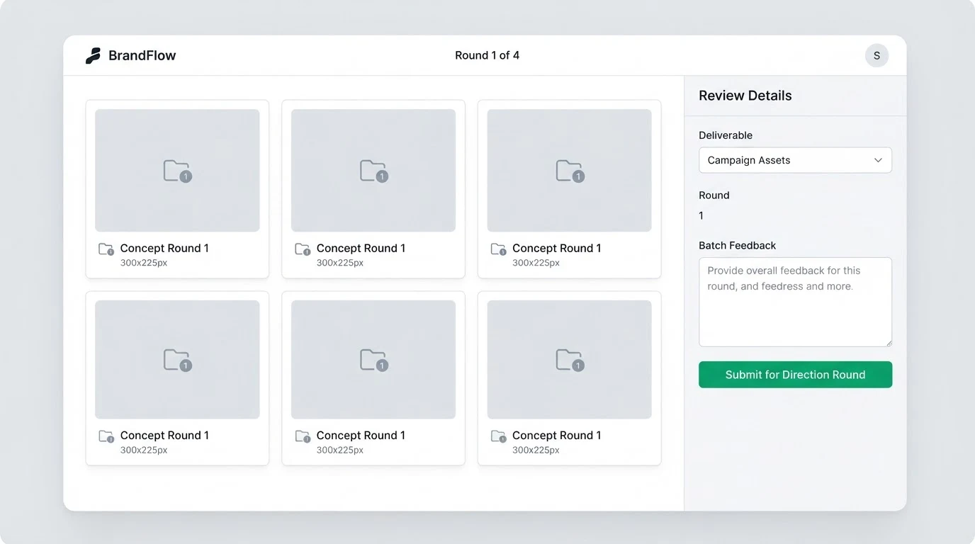 A clean review-round interface showing a 2x2 grid of placeholder image tiles labelled 'Concept Round', with a sidebar panel containing fields for