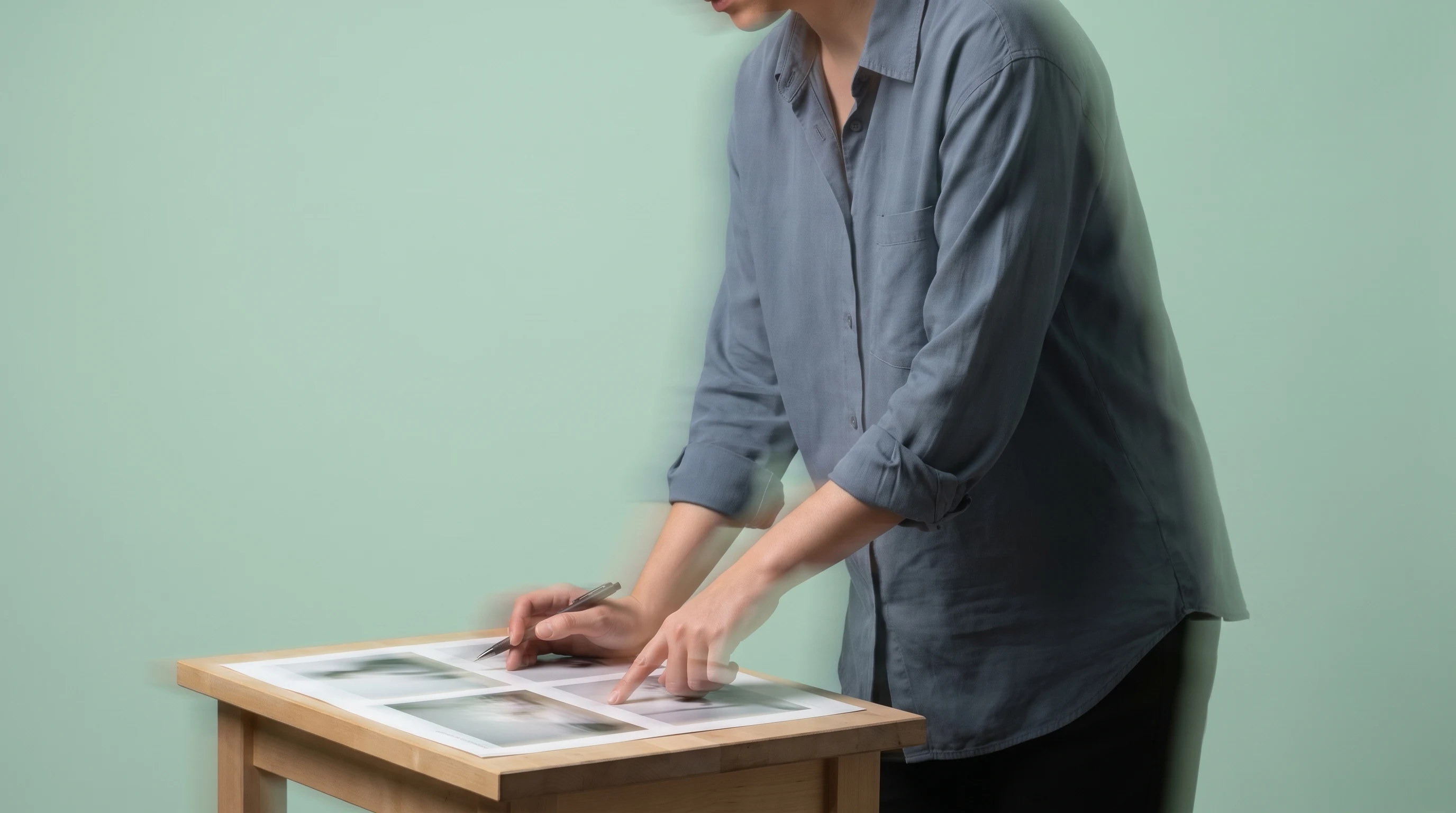 A person mid-lean over a low table in a mint studio, pointing at a printed proof sheet with one hand and holding a pen in the other, wearing a