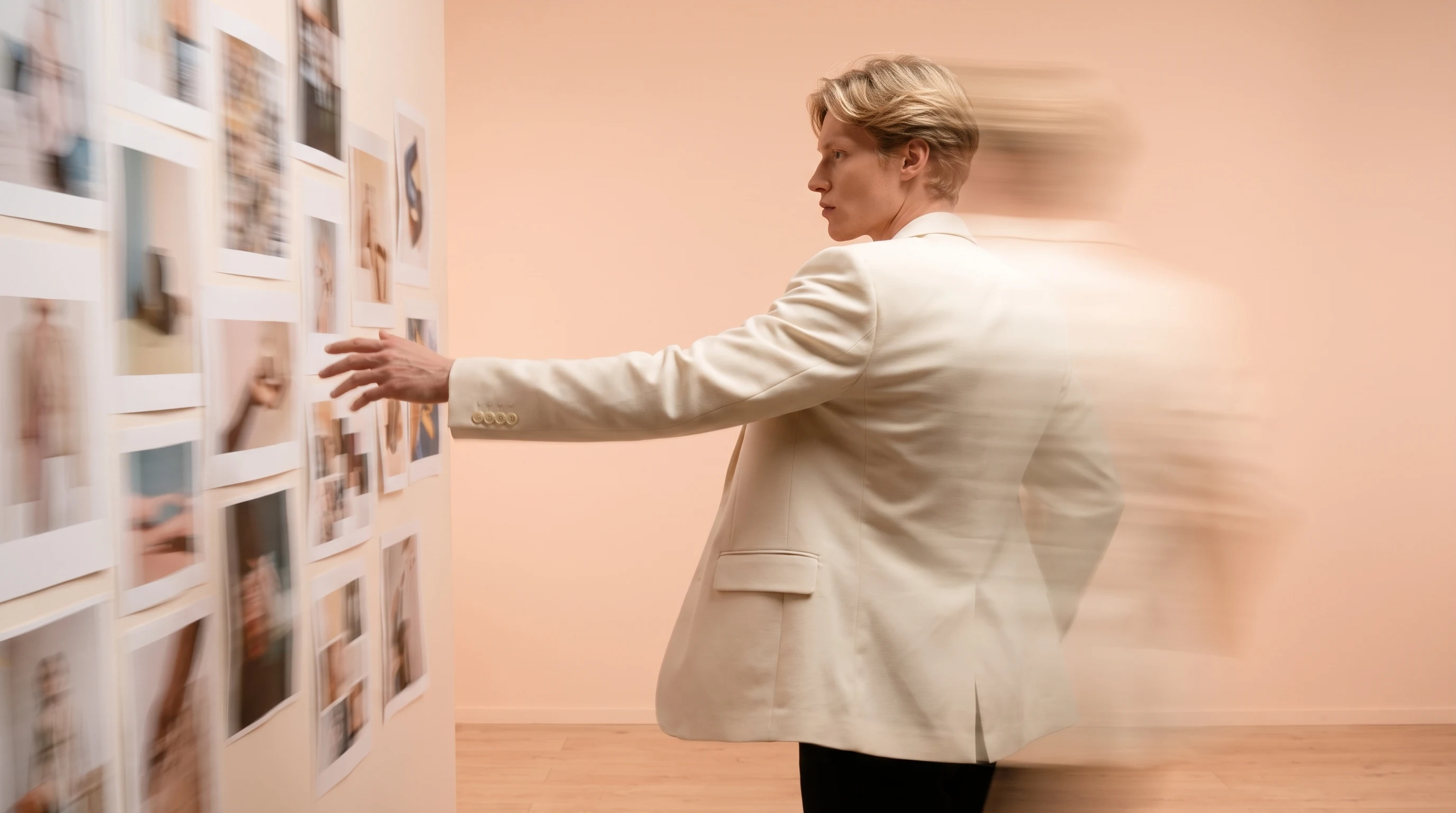 A person mid-turn toward camera in a peach studio, arm outstretched gesturing at an unseen wall of unbranded mood-board prints, wearing a tailored