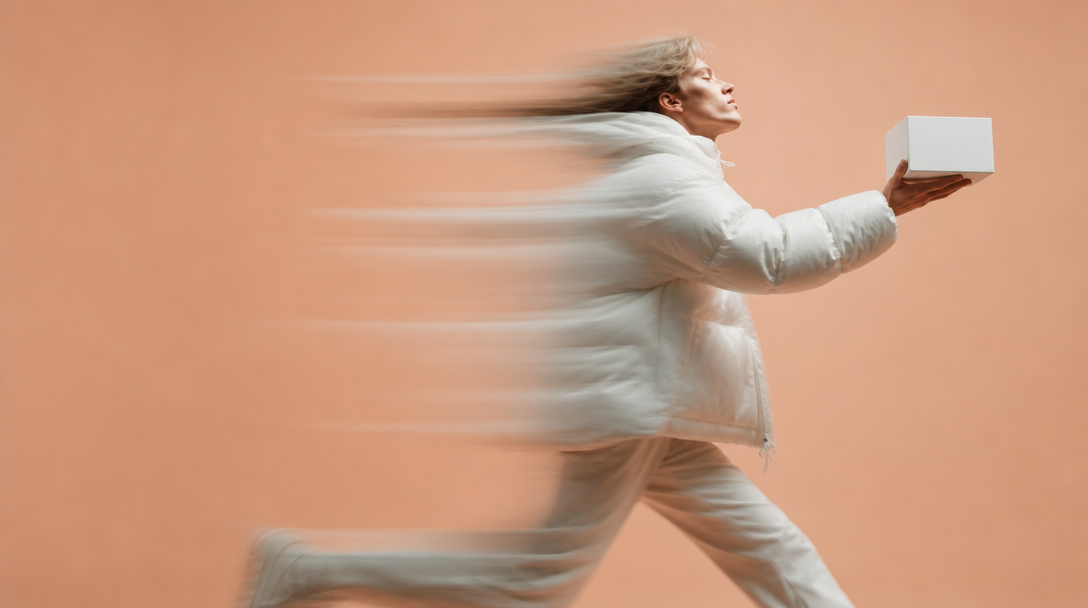 A person mid-step through a peach-backdrop studio space, holding a small unbranded white box at arm's length as if evaluating a product shot, seen in
