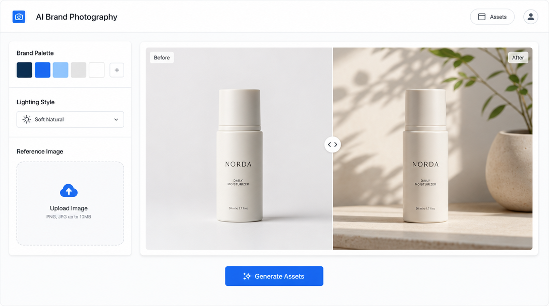A simple AI brand photography dashboard showing a left panel with fields labelled 'Brand Palette', 'Lighting Style', and 'Reference Image' with an
