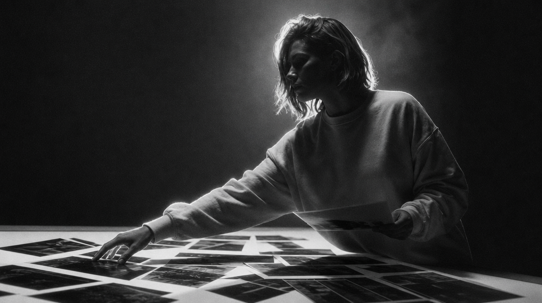 A person mid-reach across a wide light table, profile framing, sorting through a spread of unbranded printed image sheets in a clean agency workspace