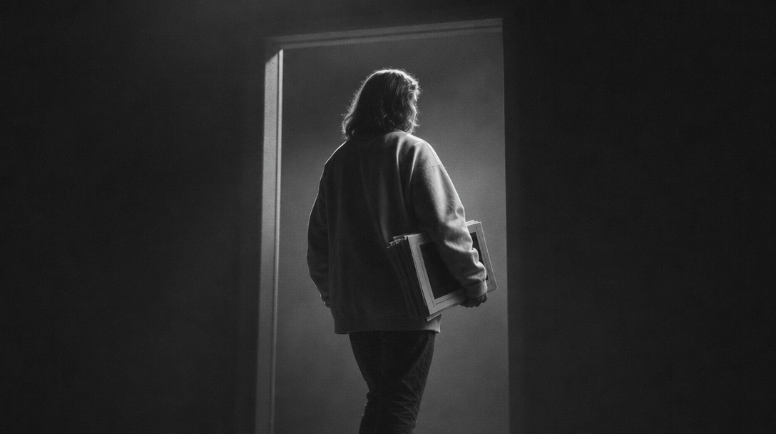 A person mid-step through a minimal studio doorway, carrying a stack of unbranded printed campaign sheets, shot from behind with soft overhead light