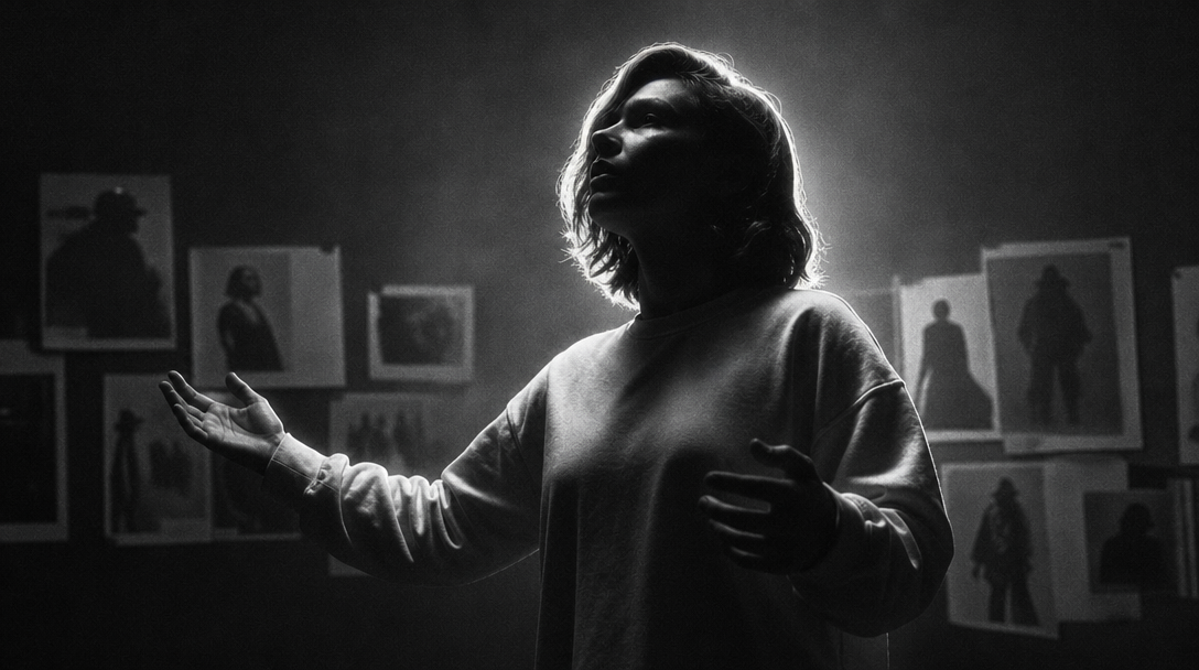 A person mid-turn in a wide studio space, one hand gesturing toward an unseen display, three-quarter framing, surrounded by unbranded printed