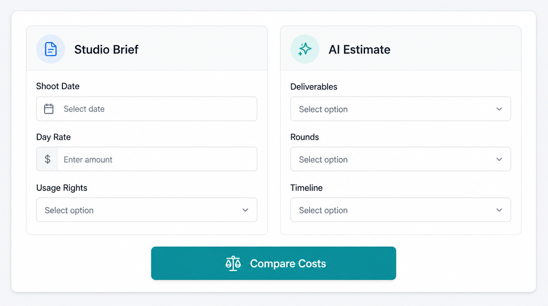 A split-panel creative dashboard showing a left column labelled 'Studio Brief' with fields for Shoot Date, Day Rate, and Usage Rights, and a right