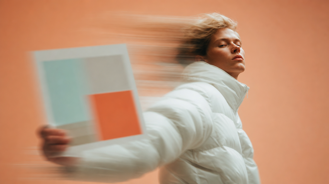 A person mid-turn in a peach studio, one arm extended holding an unbranded mood-board print toward camera, three-quarter framing from slightly below