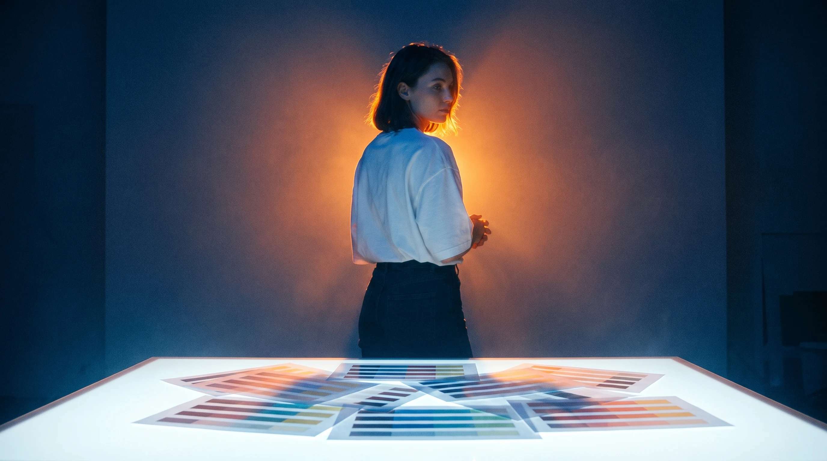 A brand strategist mid-turn stepping back from a wide lightbox table layered with unbranded colour-palette sheets, viewed from behind, minimal
