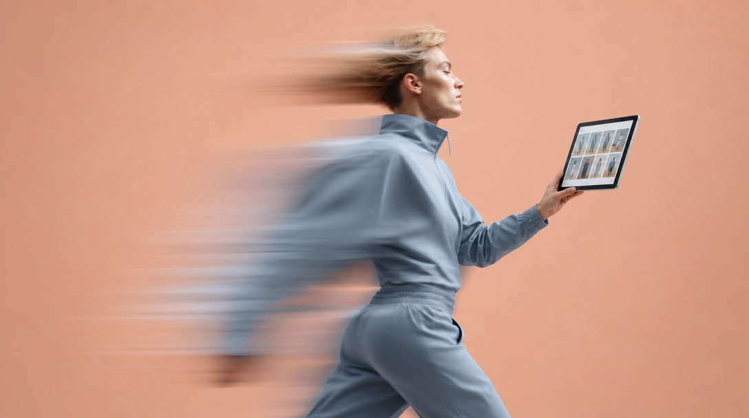 Person mid-step in a peach studio, holding a tablet at arm's length, slate-blue outfit, reviewing a product image grid on the screen