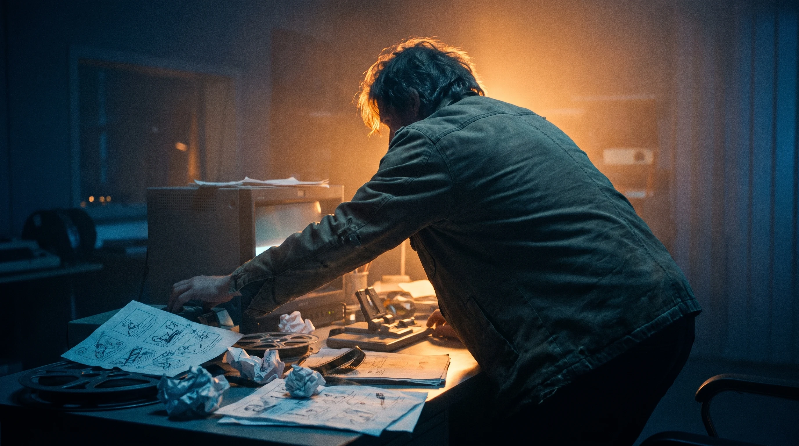 A film editor mid-lean over an edit desk, reaching forward across scattered storyboard pages, viewed at a low three-quarter angle from behind