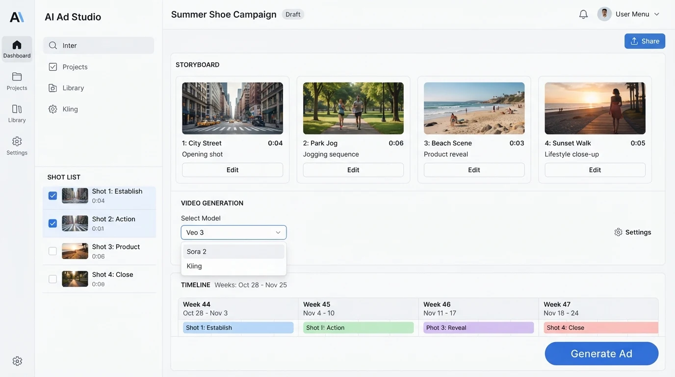 A video ad production dashboard: four storyboard thumbnail panels across the top row, a model-selector dropdown showing Veo 3 / Sora 2 / Kling, a