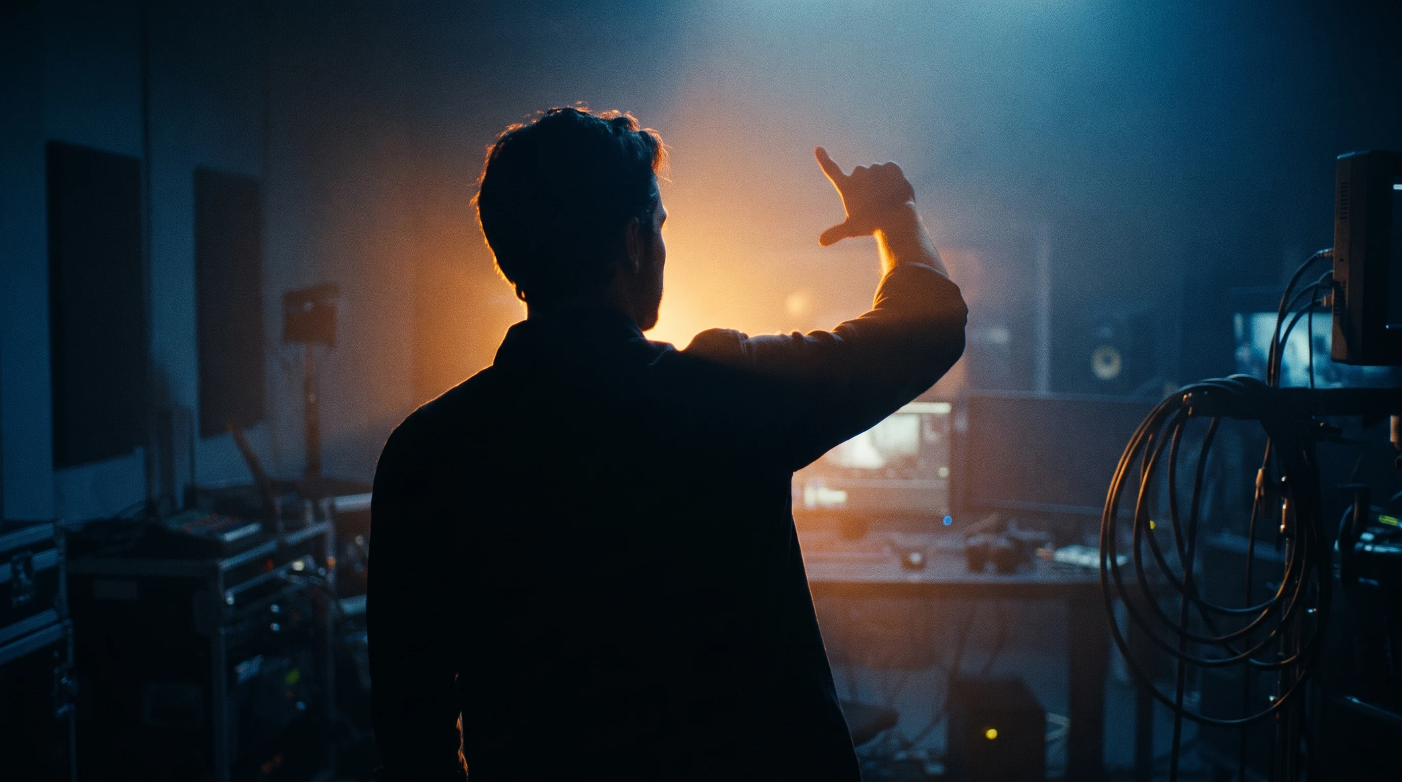 A creative director mid-turn in a dim production suite, one arm raised in a framing gesture toward unseen playback monitors, silhouetted from behind