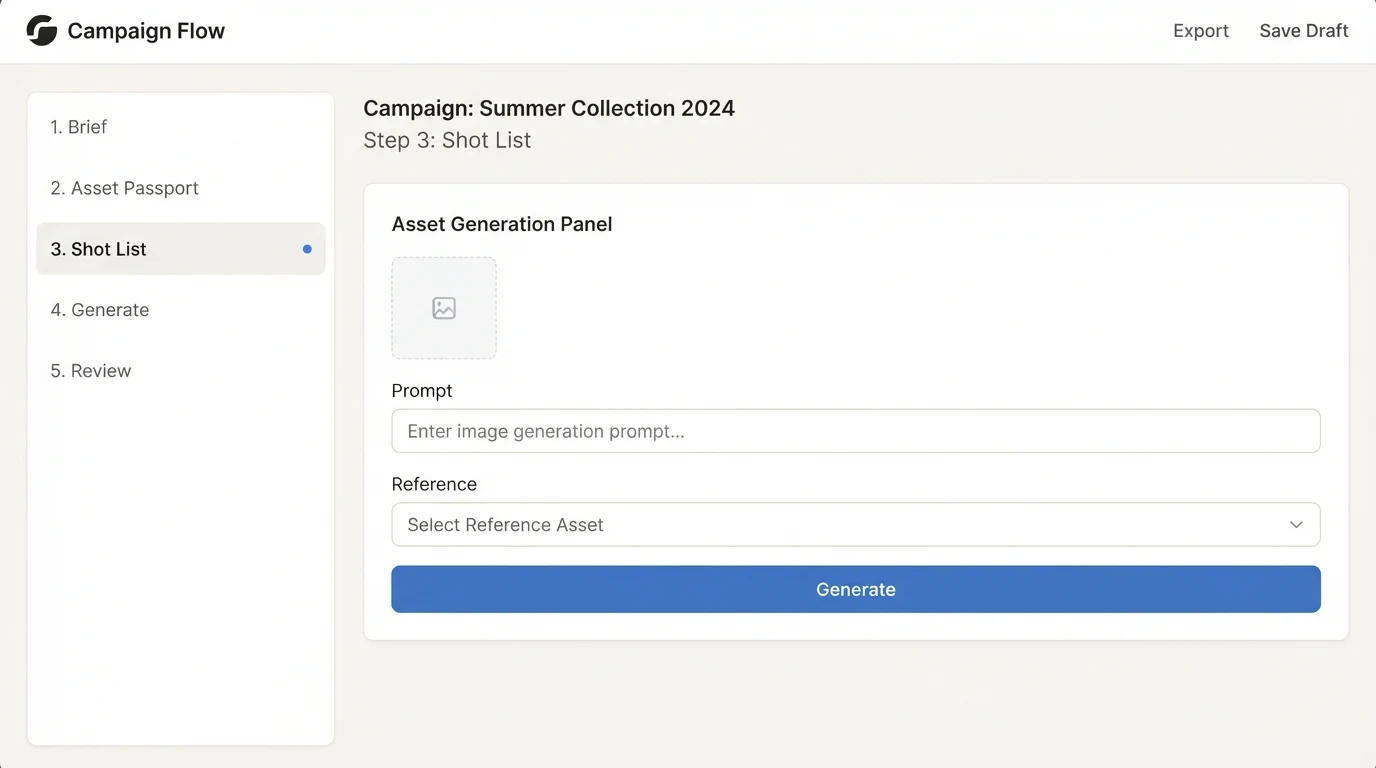 A simple campaign workflow dashboard with a left sidebar listing five numbered steps: 'Brief', 'Asset Passport', 'Shot List', 'Generate', 'Review'.