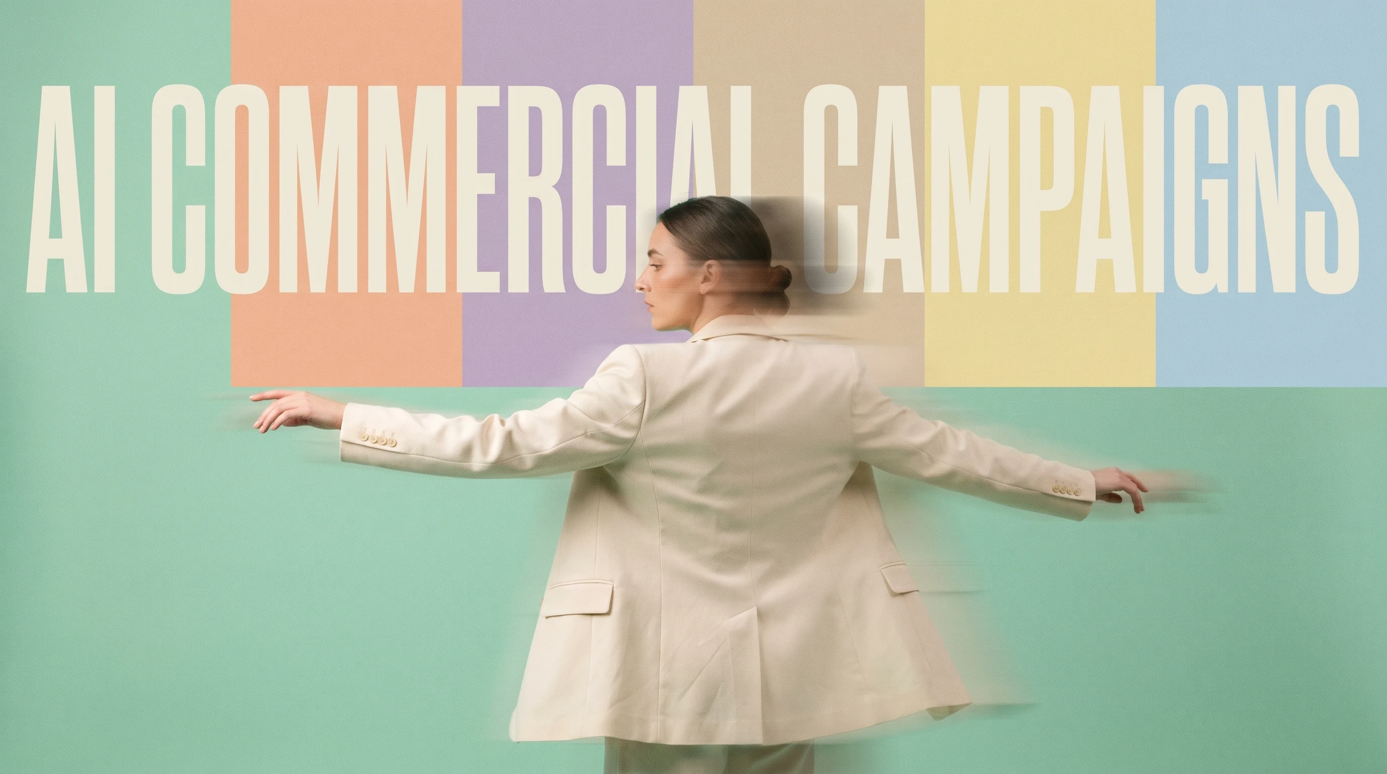 a person mid-turn in a mint-green studio, arms extended outward as if orchestrating a shoot, wearing a tailored cream blazer, framed in three-quarter