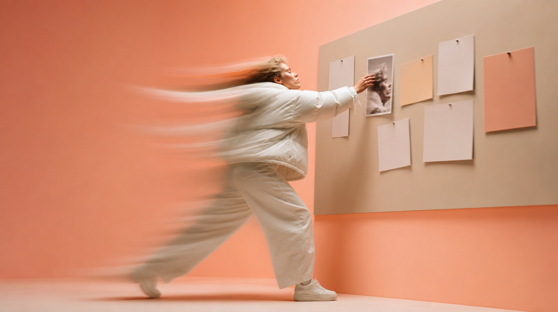 A person mid-step in a peach studio, reaching forward to pin an unbranded reference image to a large blank mood-board wall, shot from a low