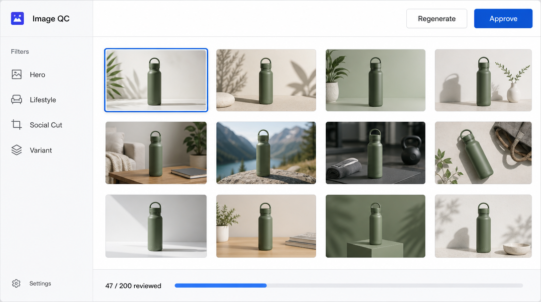 A simple image QC dashboard showing a grid of 12 thumbnail slots, a left sidebar with filter labels: 'Hero', 'Lifestyle', 'Social Cut', 'Variant'.