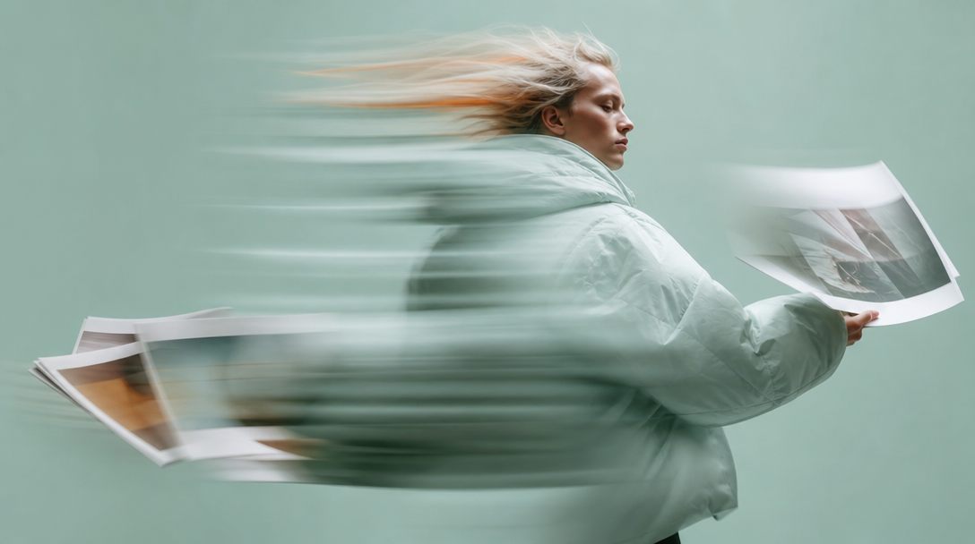 A person mid-turn in a mint studio, arms extended holding a stack of unbranded printed image sheets, three-quarter framing, reviewing a campaign run