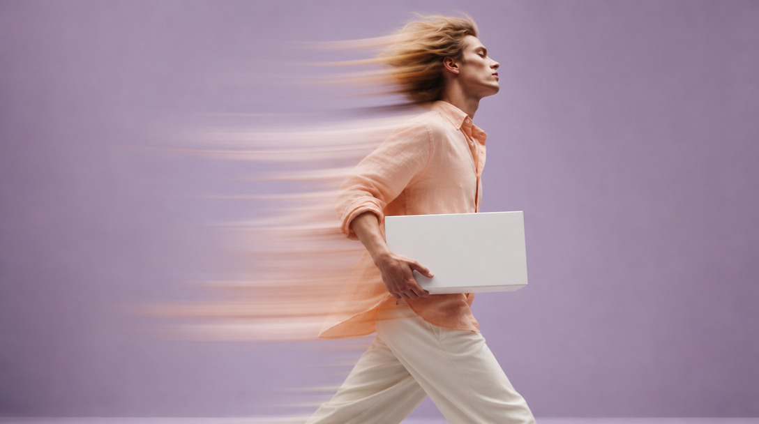 A person mid-step across a lilac-backdrop studio, carrying a blank unbranded product box at hip height, wearing a relaxed peach linen shirt, framed