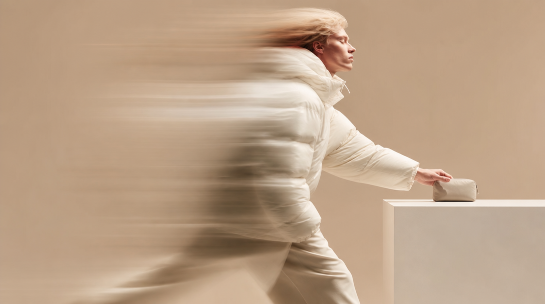 A person mid-step in a sand-toned studio, reaching forward to position a small unbranded matte pouch on a low white surface, shot from profile